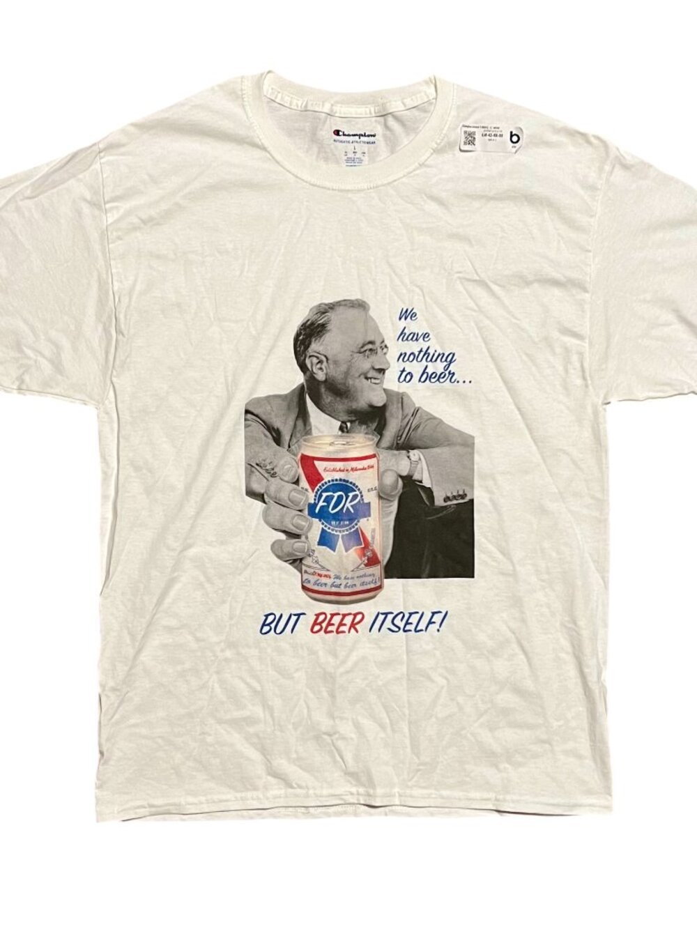 FDR "Beer Itself" Pabst Blue Ribbon Champion White Graphic T-Shirt, Men's Large